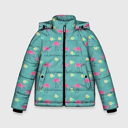 Куртка зимняя для мальчика Летний паттерн с фламинго, цвет: 3D-черный