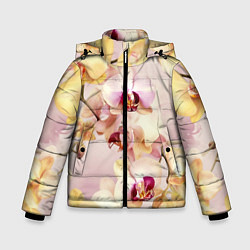 Куртка зимняя для мальчика Желтые и нежно-розовые орхидеи - паттерн, цвет: 3D-черный