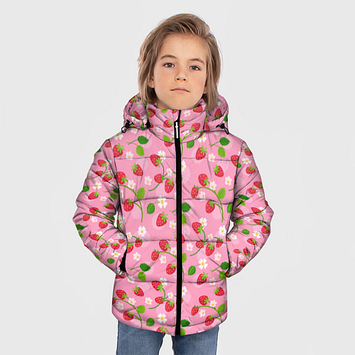 Зимняя куртка для мальчика Паттерн земляника и цветы / 3D-Светло-серый – фото 3