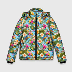 Куртка зимняя для мальчика Разноцветные цветочки гавайские, цвет: 3D-черный