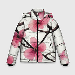 Куртка зимняя для мальчика Цветы и ветви японской сакуры - текстура холста, цвет: 3D-светло-серый