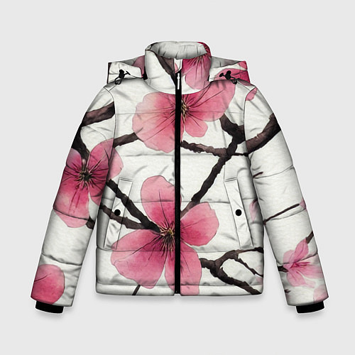 Зимняя куртка для мальчика Цветы и ветви японской сакуры - текстура холста / 3D-Красный – фото 1