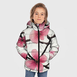 Куртка зимняя для мальчика Цветы и ветви японской сакуры - текстура холста, цвет: 3D-черный — фото 2
