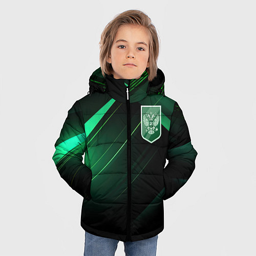 Зимняя куртка для мальчика Герб РФ зеленый черный фон / 3D-Светло-серый – фото 3