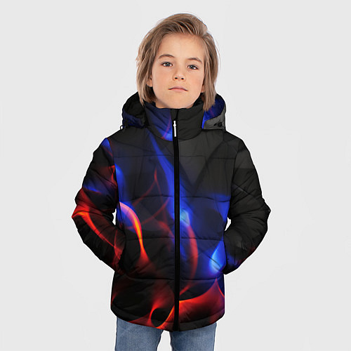 Зимняя куртка для мальчика Красное и синие свечение от черных плит / 3D-Светло-серый – фото 3