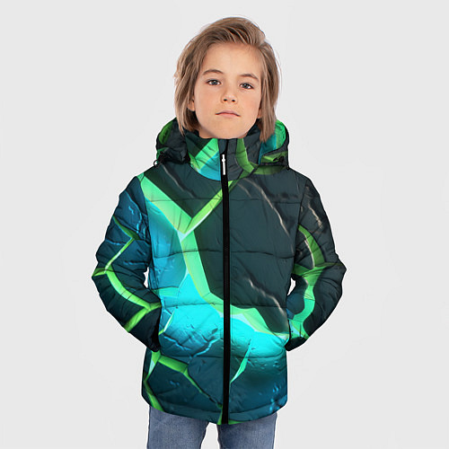 Зимняя куртка для мальчика Зеленое неоновое свечение из зеленых плит / 3D-Светло-серый – фото 3
