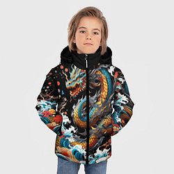 Куртка зимняя для мальчика Дракон на волнах в японском стиле арт, цвет: 3D-черный — фото 2