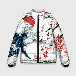 Куртка зимняя для мальчика Хокусай большая волна в Канагаве - пародия укиё, цвет: 3D-светло-серый