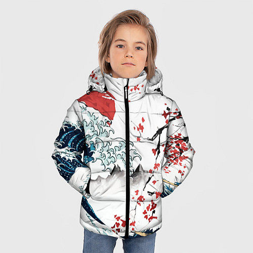 Зимняя куртка для мальчика Хокусай большая волна в Канагаве - пародия укиё / 3D-Светло-серый – фото 3