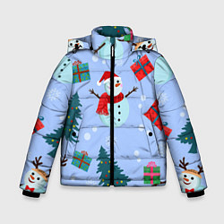 Куртка зимняя для мальчика Снеговики с новогодними подарками паттерн, цвет: 3D-черный