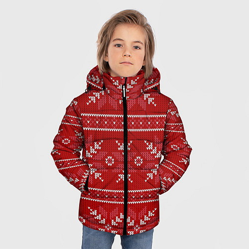 Зимняя куртка для мальчика Красный вязаный узор свитера / 3D-Светло-серый – фото 3