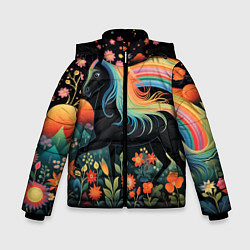 Куртка зимняя для мальчика Лошадка с радужной гривой в стиле фолк-арт, цвет: 3D-черный