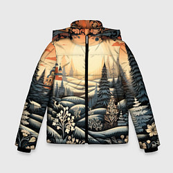 Куртка зимняя для мальчика Зимний предновогодний пейзаж, цвет: 3D-черный