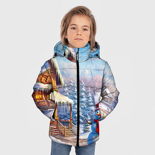 Зимняя куртка для мальчика Новогодняя деревня и снеговик / 3D-Светло-серый – фото 3