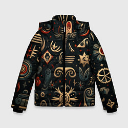 Куртка зимняя для мальчика Абстрактный узор в славянском стиле на тёмном фоне, цвет: 3D-светло-серый