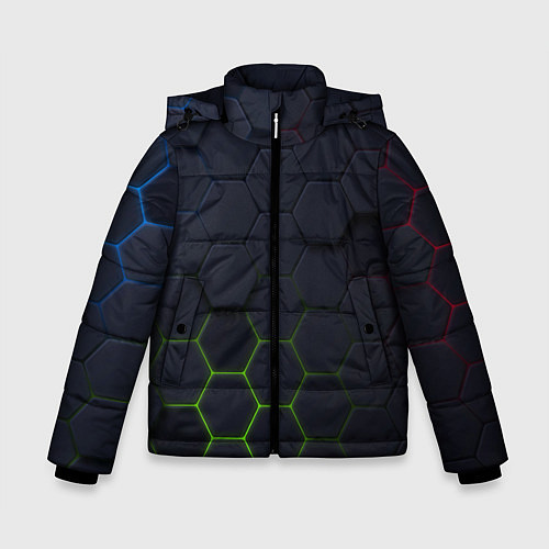 Зимняя куртка для мальчика Абстрактный фон чёрные соты / 3D-Красный – фото 1