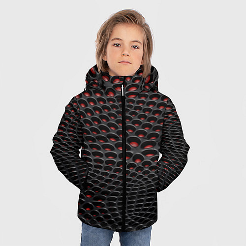 Зимняя куртка для мальчика Узор на чёрно красном карбоновом фоне / 3D-Светло-серый – фото 3