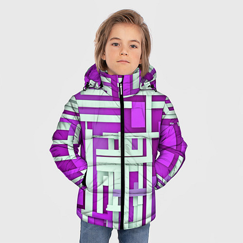 Зимняя куртка для мальчика Полосы на фиолетовом фоне / 3D-Светло-серый – фото 3