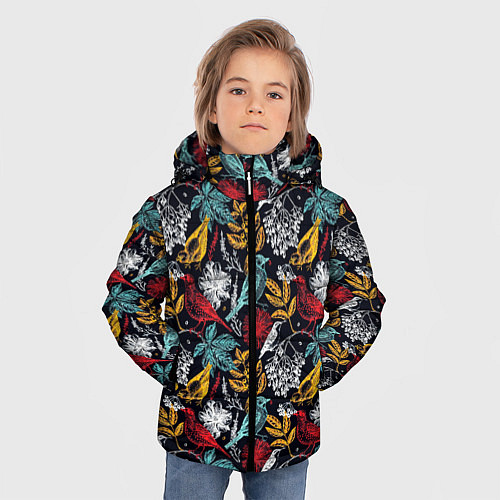 Зимняя куртка для мальчика Разноцветные лесные птицы / 3D-Светло-серый – фото 3