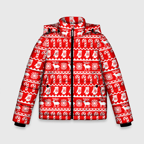 Зимняя куртка для мальчика Новогодний узор с оленями и снежинками / 3D-Красный – фото 1