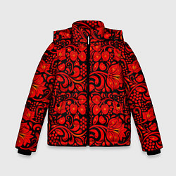 Куртка зимняя для мальчика Хохломская роспись красные цветы и ягоды на чёрном, цвет: 3D-светло-серый