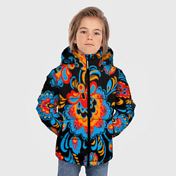 Куртка зимняя для мальчика Хохломская роспись разноцветные цветы на чёроном ф, цвет: 3D-светло-серый — фото 2