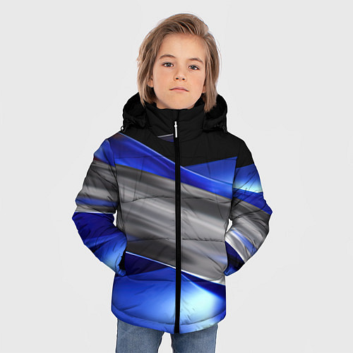 Зимняя куртка для мальчика Серебряная вставка на синей абстракции / 3D-Светло-серый – фото 3