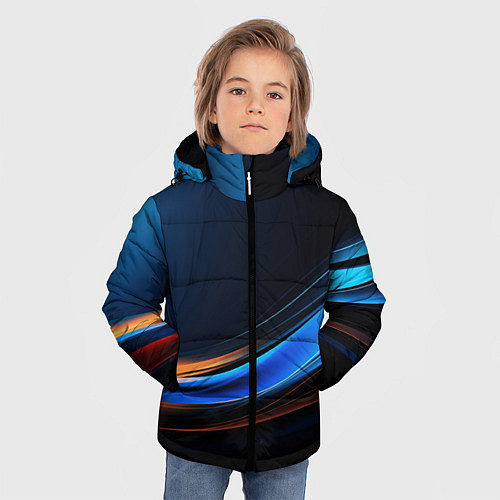 Зимняя куртка для мальчика Геометрическая абстракция черных и синих волн / 3D-Светло-серый – фото 3