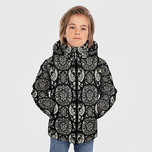 Зимняя куртка для мальчика Черно-белый греб России паттерн / 3D-Светло-серый – фото 3