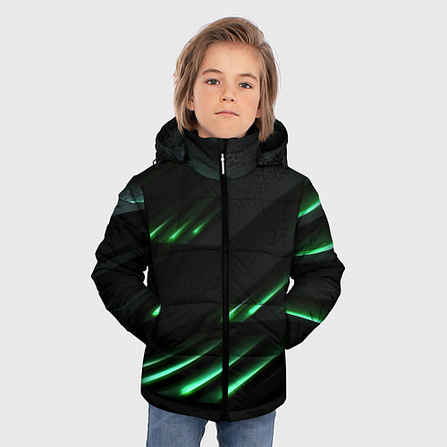 Зимняя куртка для мальчика Спортивный черно-зеленый стиль / 3D-Светло-серый – фото 3
