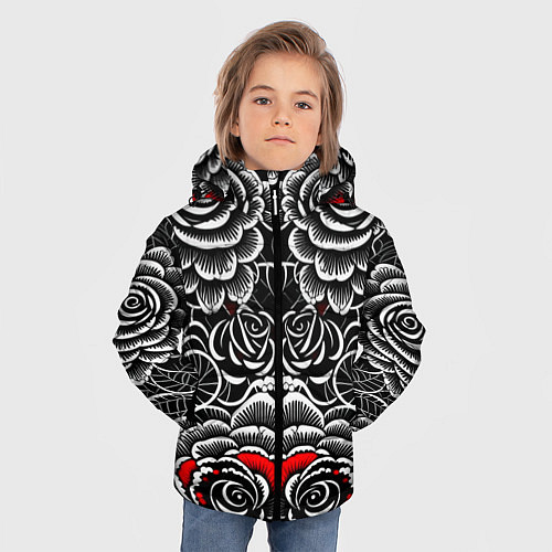 Зимняя куртка для мальчика Серые паттерны цветы / 3D-Светло-серый – фото 3