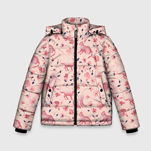 Зимняя куртка для мальчика Розовый паттерн с цветами и котиками / 3D-Красный – фото 1