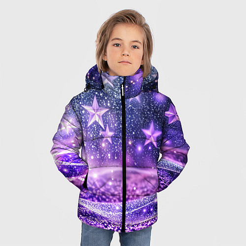 Зимняя куртка для мальчика Абстрактные звезды в фиолетовых искрах / 3D-Светло-серый – фото 3