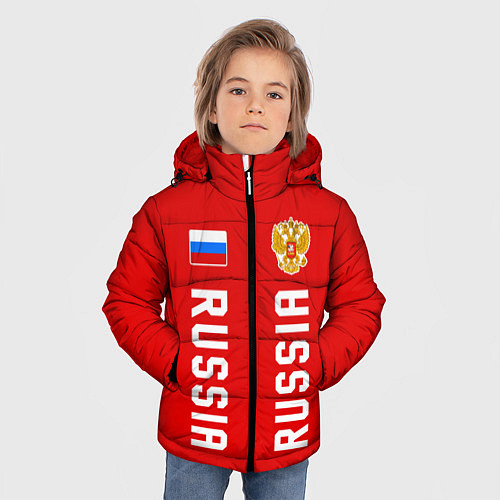 Зимняя куртка для мальчика Россия три полоски на красном фоне / 3D-Светло-серый – фото 3