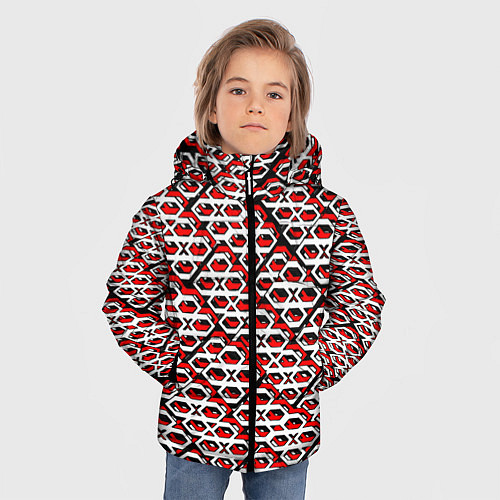 Зимняя куртка для мальчика Красно-белый узор на чёрном фоне / 3D-Светло-серый – фото 3
