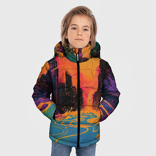 Зимняя куртка для мальчика Абстрактная городская улица со зданиями и река / 3D-Светло-серый – фото 3