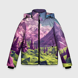 Куртка зимняя для мальчика Геометрический зеленый пейзаж и фиолетовые горы, цвет: 3D-светло-серый