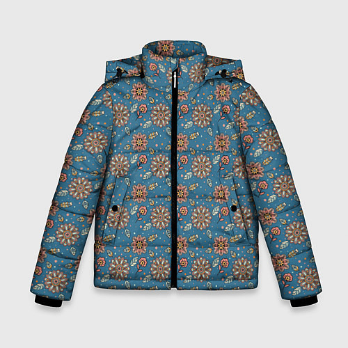 Зимняя куртка для мальчика Цветочный узор в стиле бохо на синем / 3D-Красный – фото 1