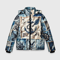 Куртка зимняя для мальчика Пэчворк с якорем - джинсовка моряка, цвет: 3D-черный