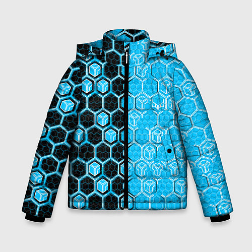 Зимняя куртка для мальчика Техно-киберпанк шестиугольники голубой и чёрный / 3D-Красный – фото 1