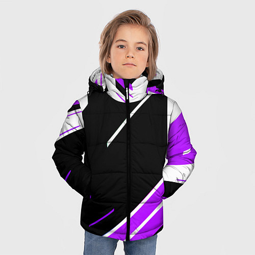 Зимняя куртка для мальчика Бело-фиолетовые полосы на чёрном фоне / 3D-Светло-серый – фото 3