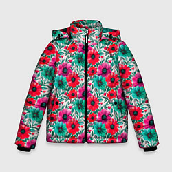 Куртка зимняя для мальчика Анемоны цветы яркий принт, цвет: 3D-красный