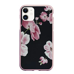 Чехол iPhone 11 матовый Цветы на черном фоне, цвет: 3D-светло-розовый