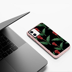 Чехол iPhone 11 матовый Красные каллы на черном, цвет: 3D-светло-розовый — фото 2