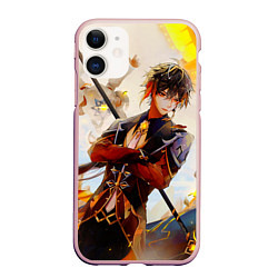 Чехол iPhone 11 матовый Zhong li с копьем genshin impact, цвет: 3D-светло-розовый