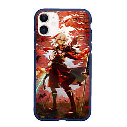 Чехол iPhone 11 матовый Каэдэхара Кадзуха стоит в лесу Genshin Impact, цвет: 3D-тёмно-синий