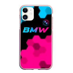 Чехол iPhone 11 матовый BMW - neon gradient: символ сверху, цвет: 3D-светло-розовый