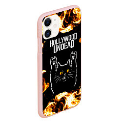Чехол iPhone 11 матовый Hollywood Undead рок кот и огонь, цвет: 3D-светло-розовый — фото 2