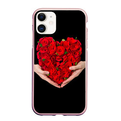 Чехол iPhone 11 матовый Сердце роз в руках, цвет: 3D-светло-розовый