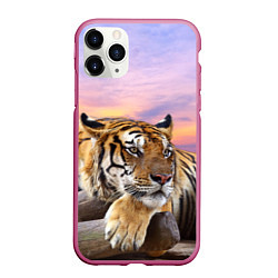 Чехол iPhone 11 Pro матовый Тигр на закате, цвет: 3D-малиновый